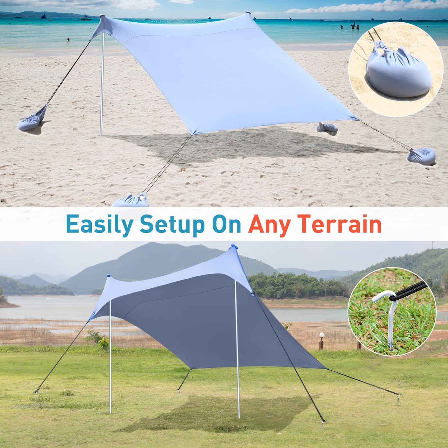 Beach Tents Pop Up 4-5 Person UPF50+, Popup Canopy Shade Camping Sun Shelter Portable with Carrying Bag, Outdoor Sunshade for Trips, Fishing or Grass Picnic (7x7 Ft 2 Pole, Blue)
