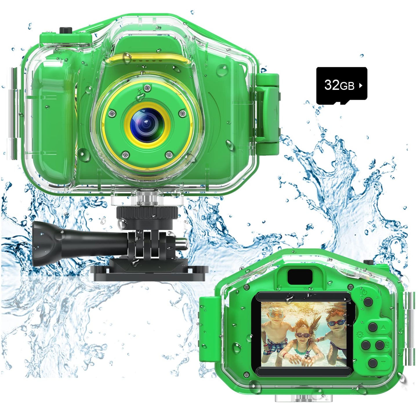 Agoigo Kids Waterproof Camera - Children Underwater HD Video Digital Camcorder, Portable Travel Toy for Toddler - Ideal Christmas Birthday Gifts for Boys Girls Age 3-12 with 32GB Card (Green)
