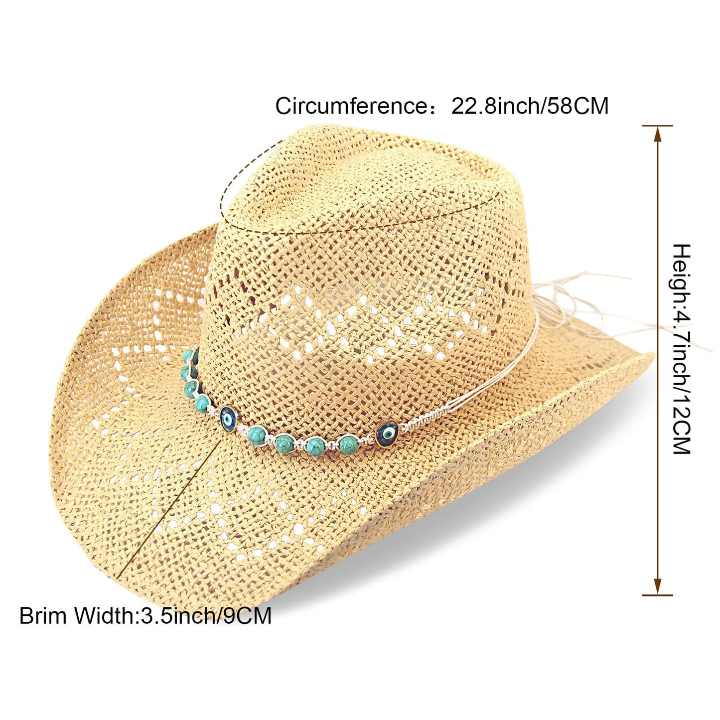Women's Western Cowgirl Hat Men's Cowboy Hat Straw Cowboy Hat Woven Sun Hat Western HatUnique Two Decorative Bands (US, Alpha, One Size, X-Large, Beige-Eyestone)