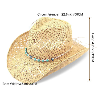 Women's Western Cowgirl Hat Men's Cowboy Hat Straw Cowboy Hat Woven Sun Hat Western HatUnique Two Decorative Bands (US, Alpha, One Size, X-Large, Beige-Eyestone)