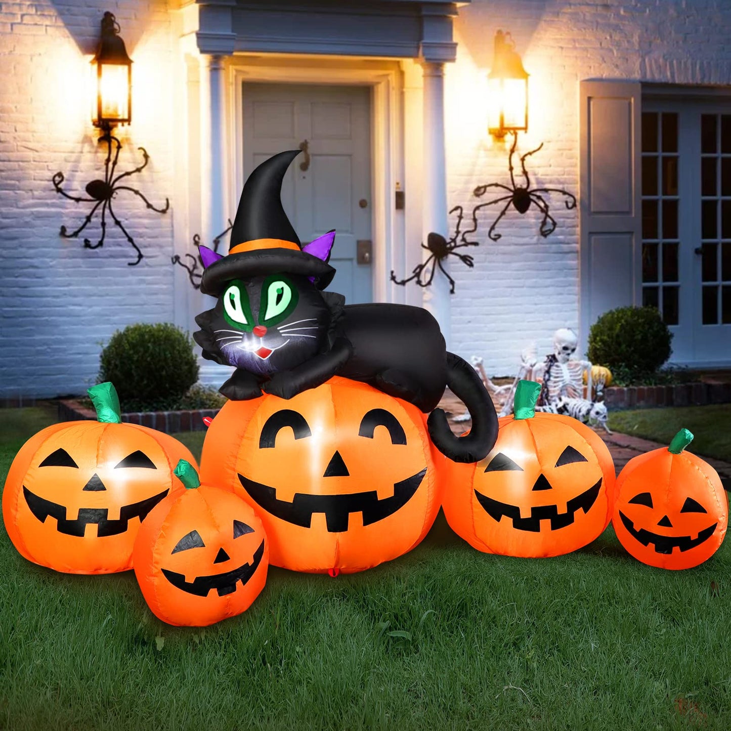 5FT Halloween Inflatable Pumpkin Outdoor Decoration, Lighted Blow Up Yard Decor, 5PCS Pumpkins with Witch’s Black Cat Built-in LED Lights for Balcony Home Holiday Party Lawn Patio Outside Events Prop