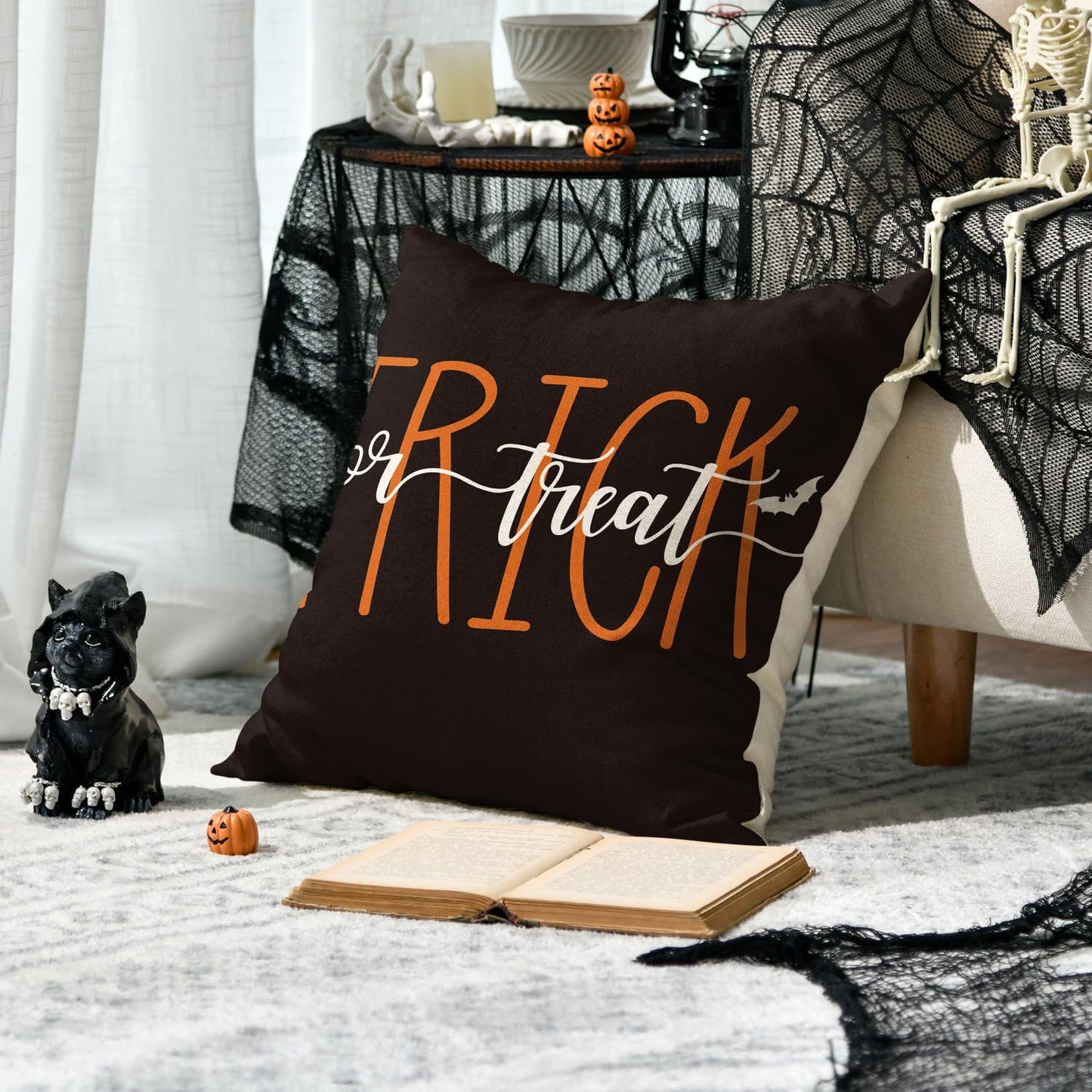 AVOIN colorlife Happy Halloween Cute Ghost Trick or Treat Throw Pillow Covers, 18 x 18 Inch Polka Dot Pumpkin Bat Cushion Case for Sofa Couch Set of 4, Black