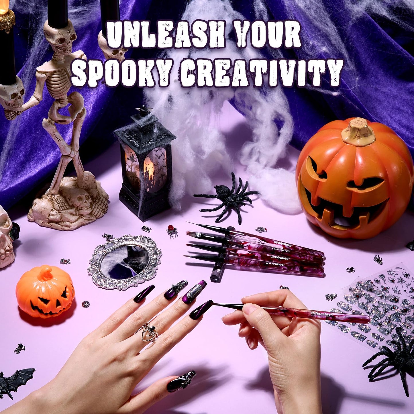 beetles Scream On Halloween Limited Box, Halloween Gel Polish Kit with UV Light, Black Orange Dark Purple Cat Eye Polish With Nail Tips Nail Sticker Manicure Kit Salon DIY Nail Art Gift Set