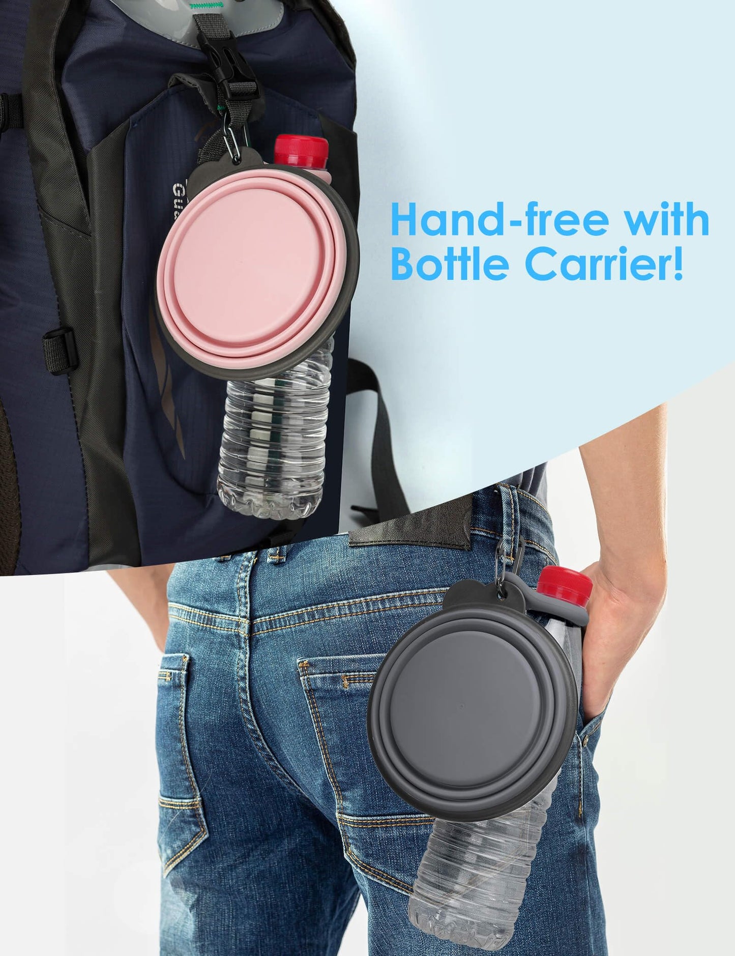 Aonkey Collapsible Dog Bowls with Bottle Carrier, 2 Pack Travel Dog Water Bowl Upgraded Carabiner, One-Piece Molded Rim No Fall Off or Crack, Foldable Silicone Portable for Pets Walking Hiking 15oz