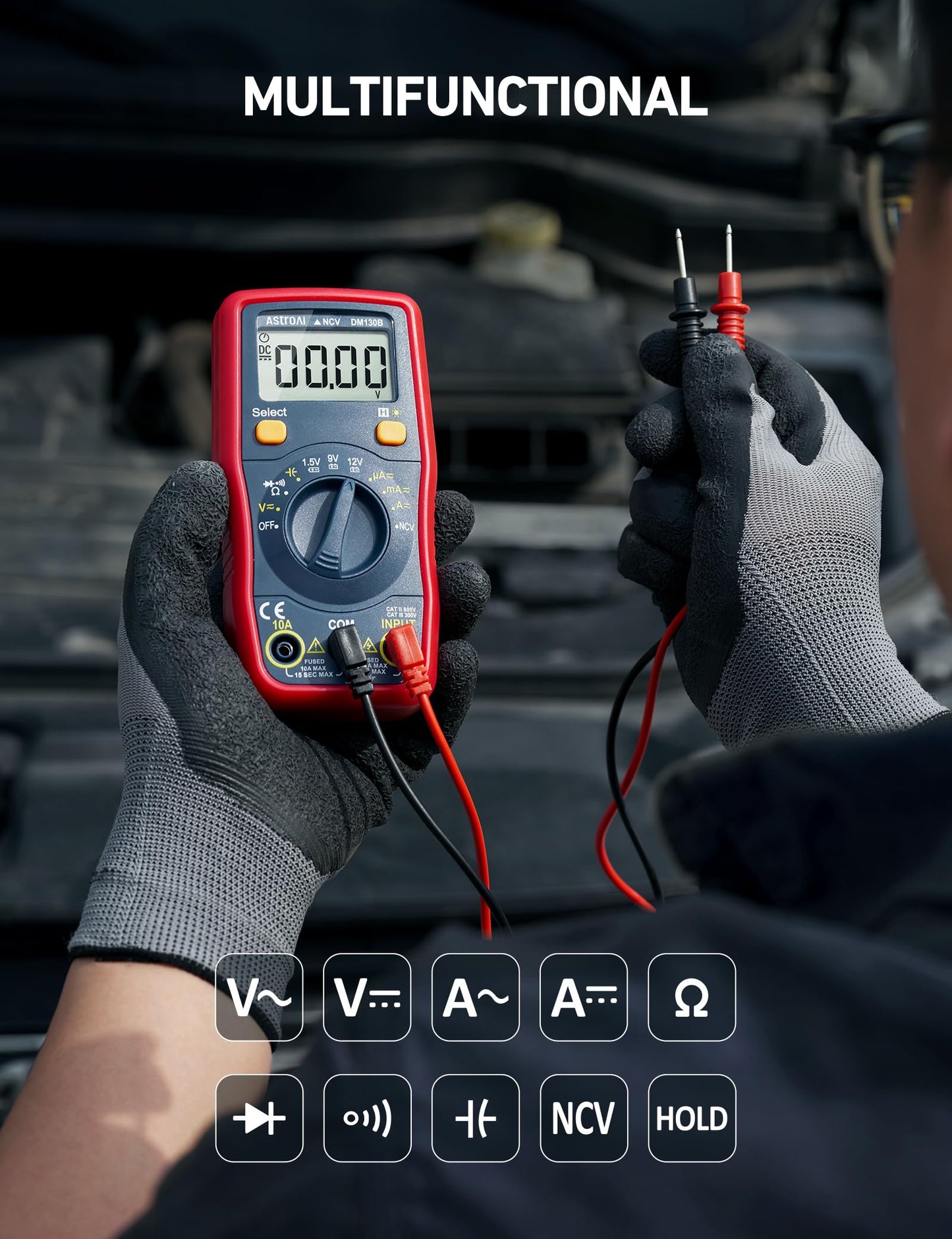 AstroAI Digital Multimeter, Voltmeter 1.5v/9v/12v Battery Voltage Tester Auto-Ranging/Ohmmeter/DMM with NCV Function, Accurately Measures Voltage Current Amp Resistance Capacitance
