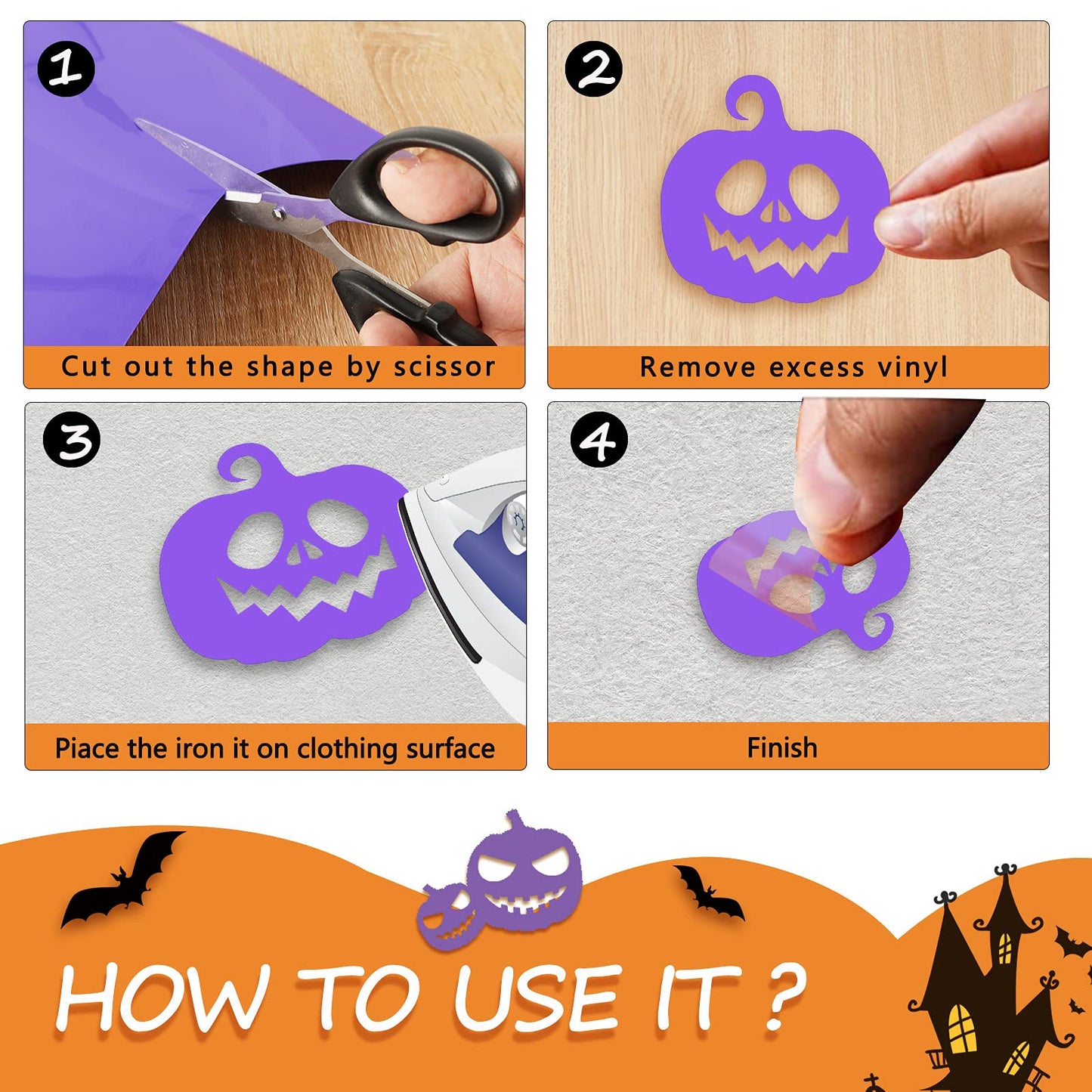 Whaline 12 Sheet Halloween Heat Transfer Vinyl Black Orange Purple Green Yellow HTV Iron on Vinyl Adhesive Craft Vinyl Sheet for DIY Fabric T-Shirts Holiday Gift Halloween Party Decoration, 12 x 10