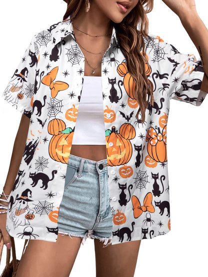 Womens Halloween Hawaiian Shirt Cute Pumpkin Spooky Castle Graphic Tee Magical Halloween Short Sleeve Button Up Tops