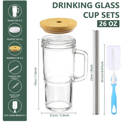 Birity 24oz Glass Cups with Lids and Straws,Glass Tumbler with Handle,2 set–Reusable Glass Ice Coffee Cups with Lid and Straw for Smoothies,Tea,Juice,Boba Cup for Cold & Hot Drinks,Travel Cup