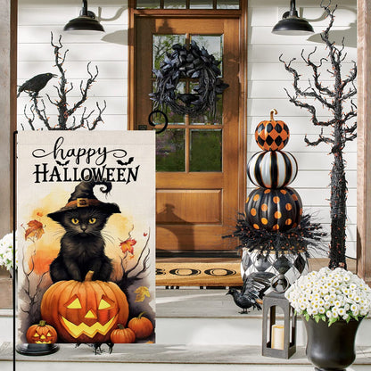 BLKWHT Halloween Cat Garden Flag 12x18 Vertical Double Sided Happy Halloween Pumpkin Holiday Outside Decorations Burlap Yard Flag BW479