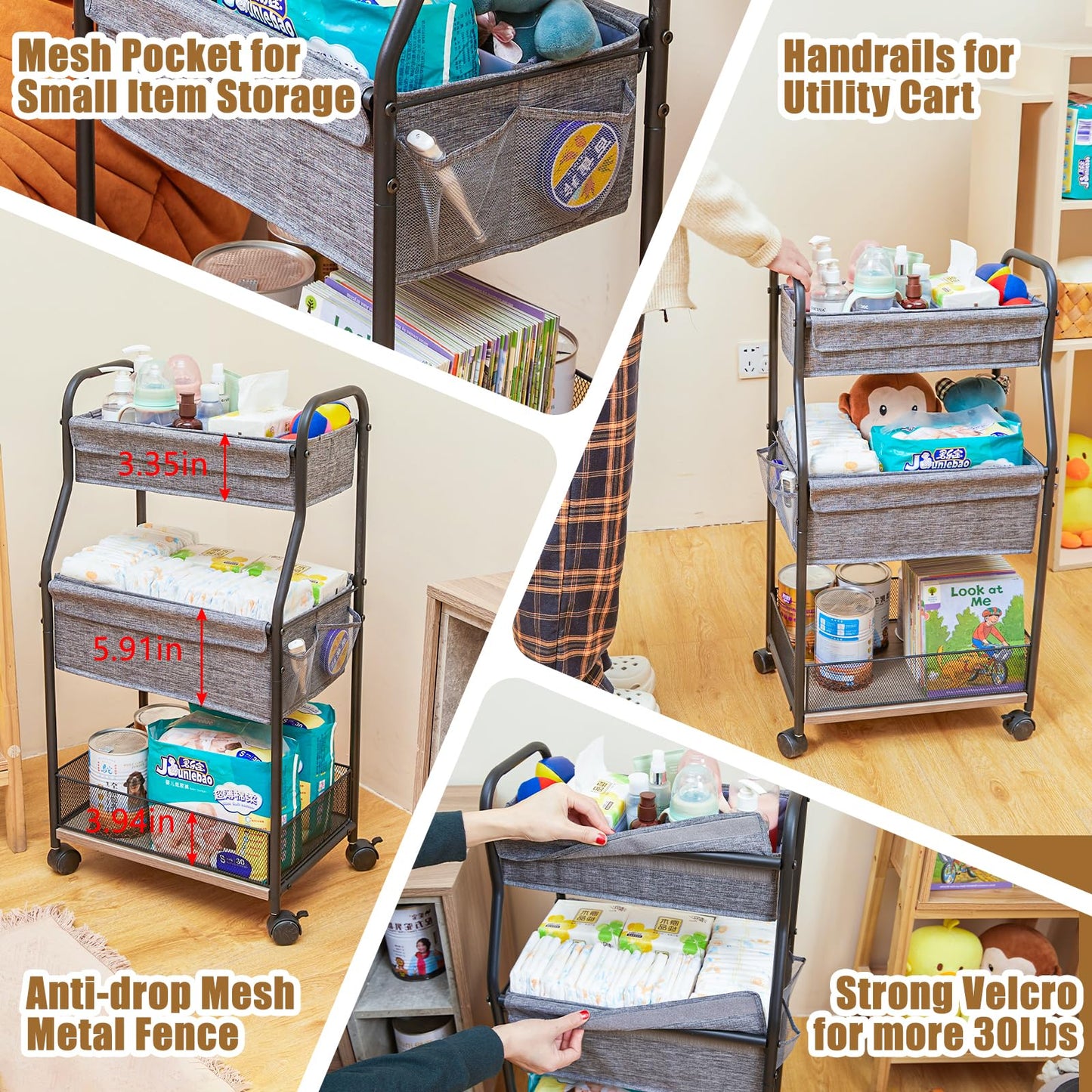 3-Tier Baby Diaper Caddy Organizer and Storage Cart with 4+2 Dividers, Mobile Metal Utility Cart with Rolling Wheels for Nursery Essentials, Large Capacity Rolling Carts for Crib, Bedroom, Bathroom