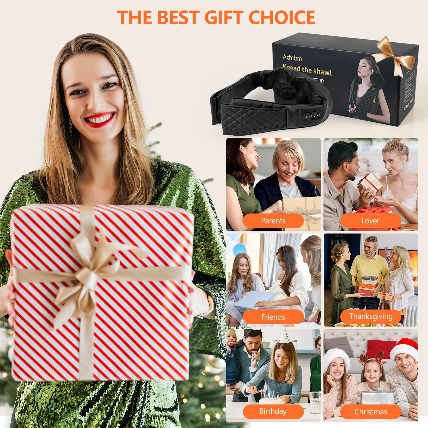 Admbm Back and Neck Massager,Shiatsu Back Massager with Heat,Cordless Portable Kneading Shoulder Massage Shawl Electric Massage Pillow for Pain Relief Deep Tissue Gifts for Dad Mom Friends