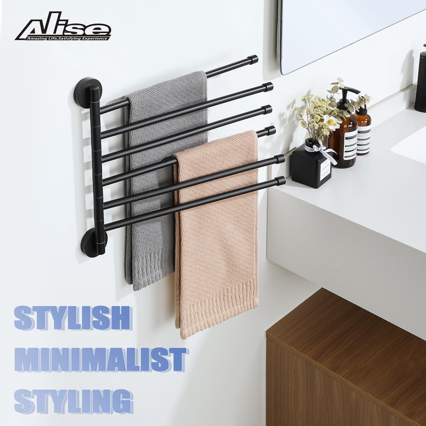 Alise Swivel Towel Rack,Folding 6 Arms Hand Towel Bars Towel Hanger for Bathroom,Wall Mount Drying Racks for Laundry,SUS304 Stainless Steel Swing Out Towel Holder Storage Space Saving,Matte Black
