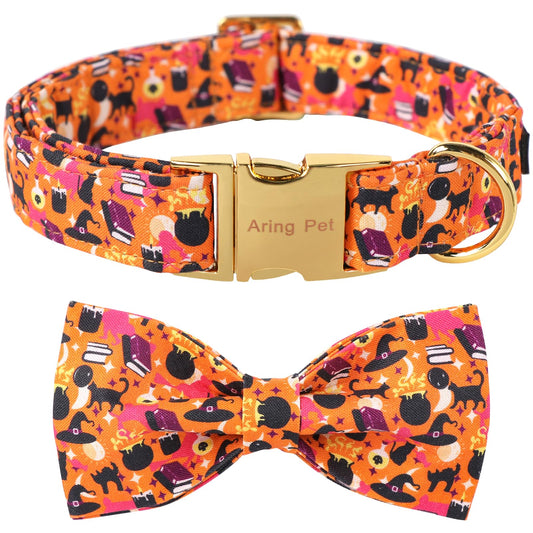 ARING PET Halloween Dog Collar, Cute Orange Festival Dog Collar with Bow, Adjustable Cotton Halloween Pet Collars with Metal Buckle