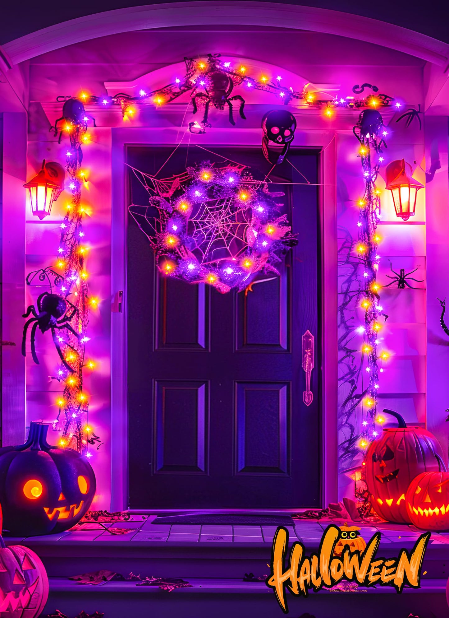 Brightown Battery Operated Halloween Lights Outdoor, 10FT 120 LED Orange and Purple Halloween Cluster Lights with Timer, 8 Modes Waterproof Twinkle Fairy String Lights for Indoor Decorations