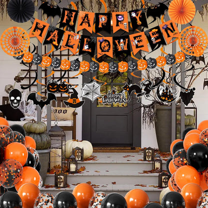 Happy Halloween Trick or Treat Banner Paper Fan Balloons & Swirl Streamers Goul Bat Cat Bird Ghost Pumpkin Lantern for Party Decorations