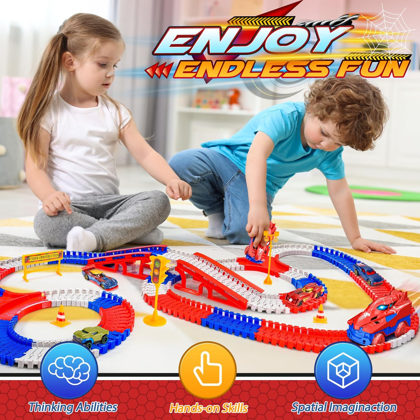 Aetyni Spider Toys for Boys 3-4: 251 PCS Spider Race Track with 5 Alloy Cars Toys for 3 4 5 6 Year Old Boys Car Tracks for Kids Toddler Boy Age 3-5 4-6 6-8 Birthday Gifts