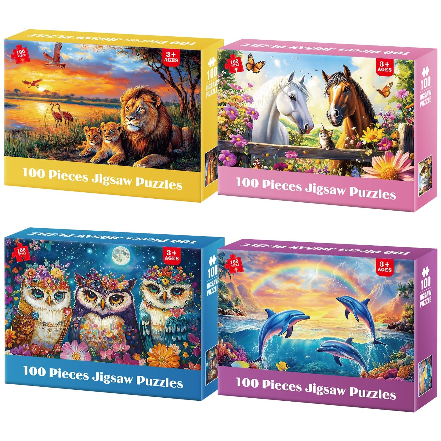 4-Pack Puzzles for Kids Ages 6-8 8-10 Year Old - Lions Horses Owls Dolphins, Large Piece Puzzles for Seniors, 100 Pieces Jigsaw Puzzles for Kids Ages 4-6, Learning Educational Toys for Boys and Girls