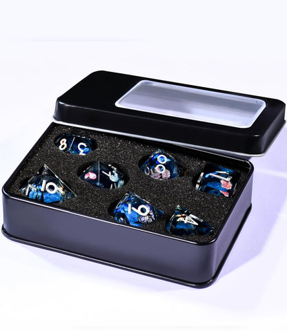 AUSTOR Liquid Core Butterfly Resin DND Dice Set, 7-Die Glow in The Dark Dice Sharp Edge Polyhedral Dice Luminous Dice Role Playing Dice for Dungeons and Dragons RPG MTG Table Games