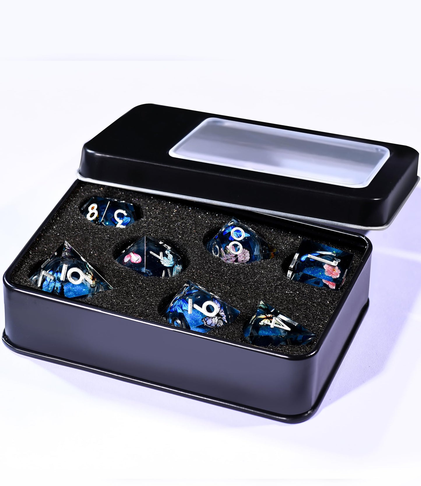 AUSTOR Liquid Core Butterfly Resin DND Dice Set, 7-Die Glow in The Dark Dice Sharp Edge Polyhedral Dice Luminous Dice Role Playing Dice for Dungeons and Dragons RPG MTG Table Games