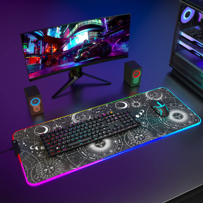 ITNRSIIET RGB Gaming Mouse Pad, Full Desk XL Extended Large Gaming Mousepad, 12 Lighting Modes, 30% Thicker, Big LED Desk Mat for Keyboard Computer Men Gamers Esport Pros, 32" x 12", Black Sun Moon