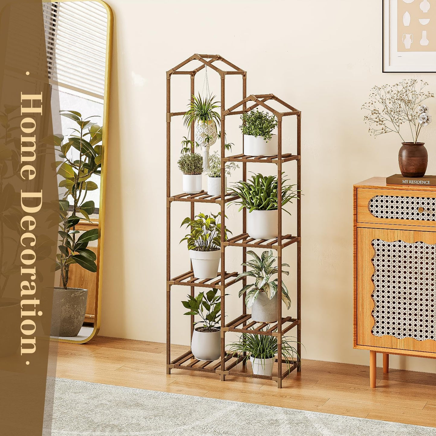 Bamworld Tall Plant Stand Indoor Outdoor Corner Plant Shelf Hanging Plant Holder Wood Flower Stand Plant Decor for Living Room Garden Balcony Patio