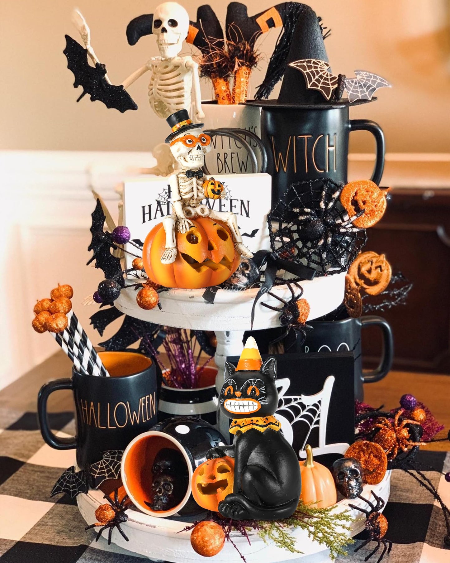 iStatue Halloween Decorations Indoor, 2-Pack Resin Black Cat & Skeleton on Pumpkin with Jack-o’-Lantern Lights Gift for Fireplace Tabletop Party Tiered Tray Decor (Skeleton & Cat)