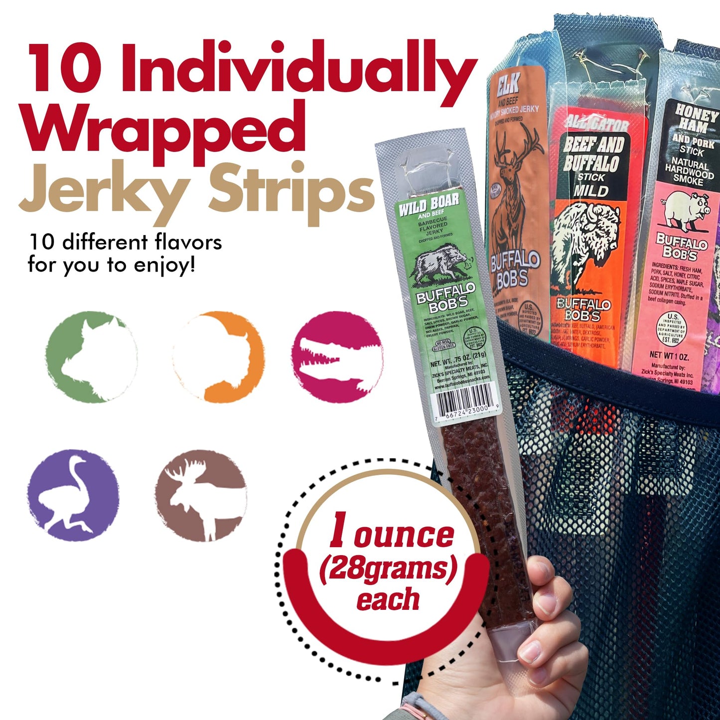 Buffalo Bob's Exotic Jerky (10 Pack) | Meat Snack Variety Set | Gourmet Wild Game Sampler Gift Set | Beef Jerky Gifts for Men | Snacks for Fathers | Animal Protein Variety Set | Exotic Pack