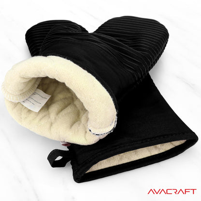 AVACRAFT Oven Mitts Pair, Black - Flexible, 100% Cotton with Unique Heat Resistant Food Grade Silicone, Thick Terry Cloth Interior, 500 F Heat Resistant