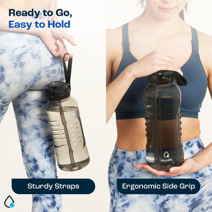 AQUAFIT 64 oz Water Bottle with Time Marker - 2in1 Straw & Chug Lid - BPA Free Big Water Bottle with Straw - Gym Water Bottle with Strap - Water Jug (64 Ounces, Gray)