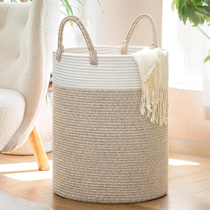 INDRESSME Tall Wicker Laundry Basket, Large Woven Clothes Hamper for Bedroom, Bathroom, Living room, Tall Nursery Hamper for Blankets, Toys, 16 x 20 inches White & Brown