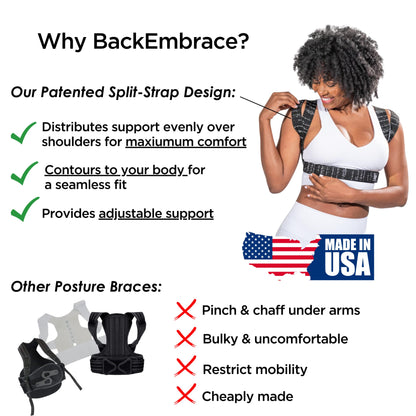 BackEmbrace Posture Corrector for Women and Men - Made in USA - Slim and Adjustable Shoulder Brace - Back Brace for Back Pain Relief - Black Drizzle XL
