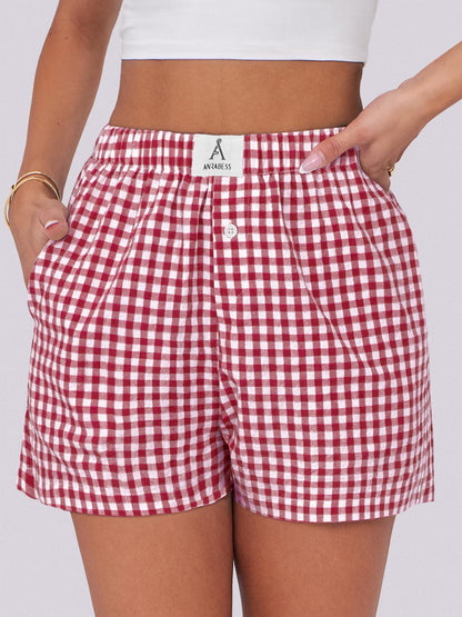 ANRABESS Boxer Shorts for Women Gingham Pajama 2025 Summer Casual Lounge Sleep Plaid Shorts Y2K Beach Bottoms Red White Plaid Medium