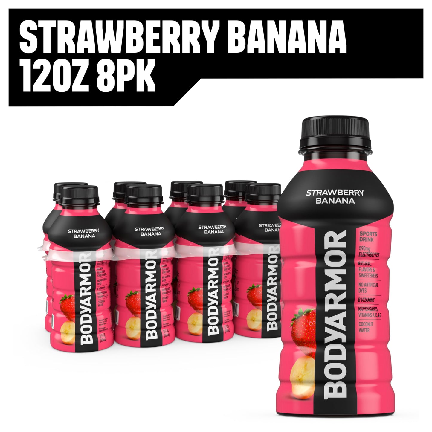 BODYARMOR Sports Drink Sports Beverage, Strawberry Banana, Coconut Water Hydration, Natural Flavors With Vitamins, Potassium-Packed Electrolytes, Perfect For Athletes, 12 Fl Oz (Pack of 8)