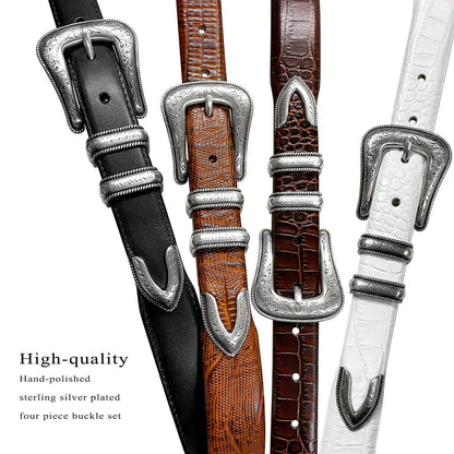 Brenton_Genuine Full-Grain Cowhide Leather Dress Belt with Western Silver Plated Buckle Set (Smooth Black, 38)