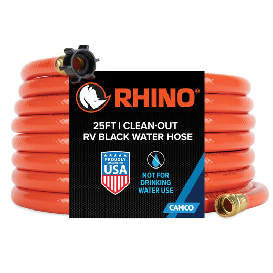 Camco Rhino 25Ft Clean-Out Camper & RV Black Water Hose - Features a Heavy-Duty PVC Design & Bright Orange Color - Clean-Out Camper Black Water, Grey Water or Tote Tanks - 5/8” Inside Diameter (22990)