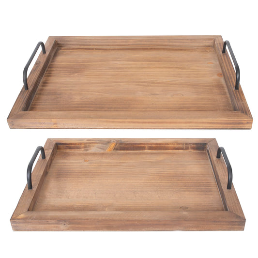 Besti Rustic Vintage Food Serving Trays (Set of 2) | Nesting Wooden Board with Metal Handles | Stylish Farmhouse Decor Serving Platters | Large: 15 x2 x11 - Small: 13 x2 x9 inches (Rustic Burnt)
