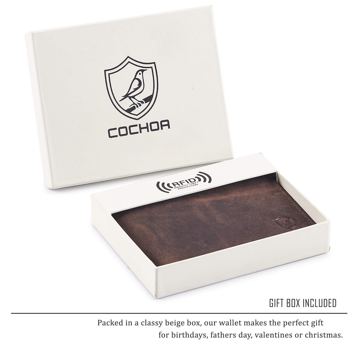 Bifold Wallet for Men's Real Genuine Slim Leather RFID Blocking 2 ID Windows Stylish Travel Gift Box (CRAZY HORSE, COGNAC)