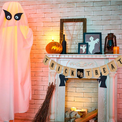 Whaline Halloween Trick or Treat Burlap Banner, Hanging Banner Home Decor Bunting Flag Fireplace Garland, Black, Orange