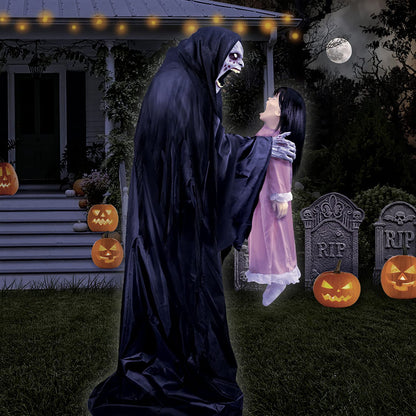 Haunted Hill Farm Soul Sucker Demon Reaper with Child by Tekky, Motion-Activated Talking Halloween Animatronic for Creepy Indoor or Covered Outdoor Halloween Decorations, Plug-in or Battery Operated