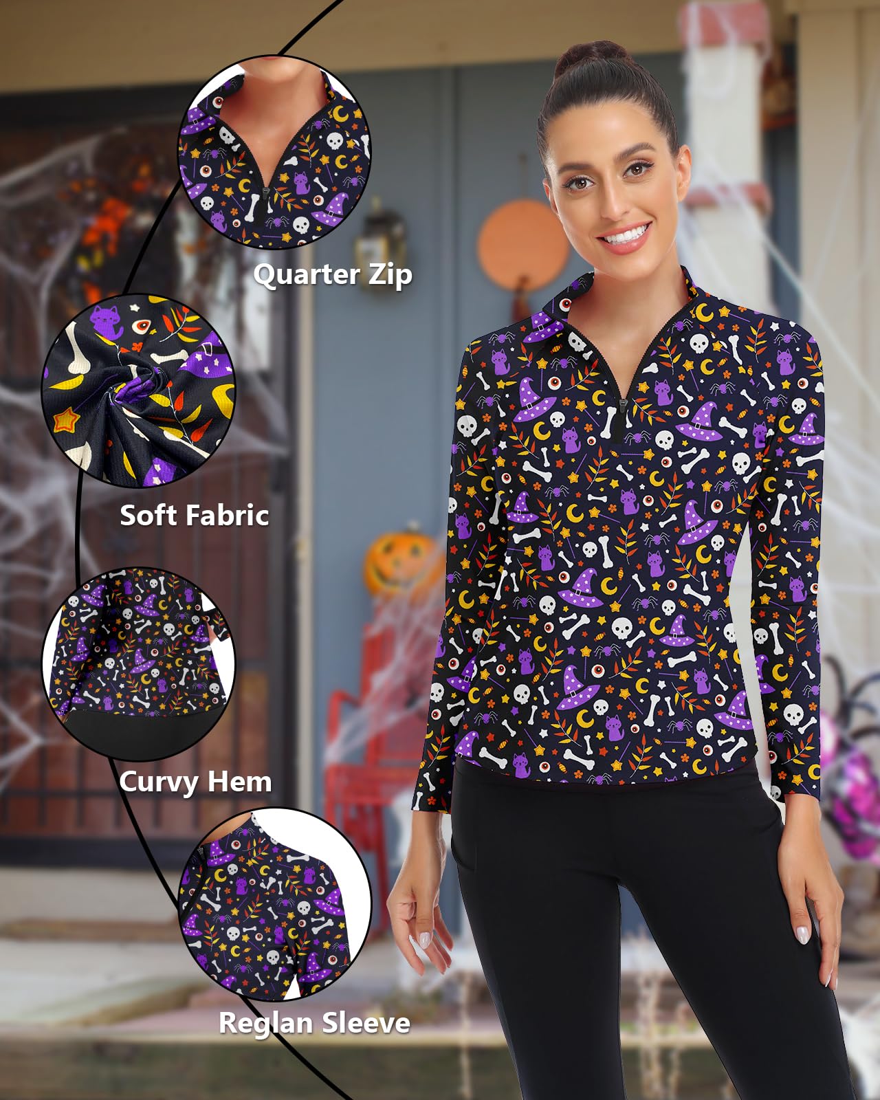 Women's Long Sleeve Golf Shirts Sun Protection Workout Pullover 3/4 Zip Teenis Sweatshirt Athletic Running Top Halloween (Purple Skull,M)