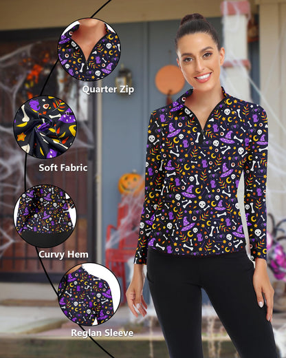 Women's Long Sleeve Golf Shirts Sun Protection Workout Pullover 3/4 Zip Teenis Sweatshirt Athletic Running Top Halloween (Purple Skull,M)
