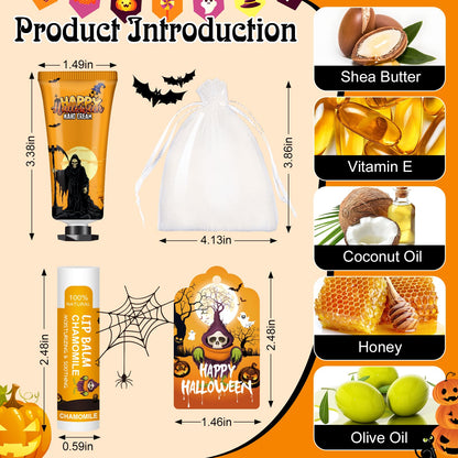 60 Pack Halloween Hand Cream and Lip Balm Set for Women, Bulk Hand Lotion for Halloween Gifts, Halloween Party Favors, Party Supplies, Decorations, Goodie Bags with Halloween Card and Organza Bags