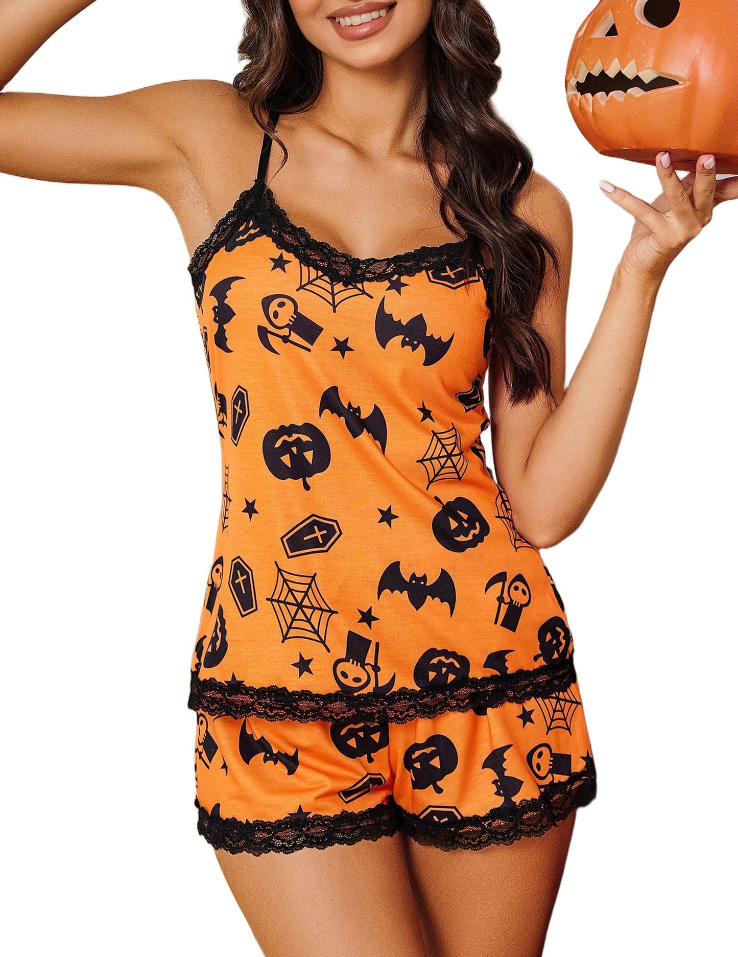 Avidlove Womens Halloween Pajama Sets with Shorts Sexy Cami PJ Set Lace Trim Sleepwear Halloween Orange M
