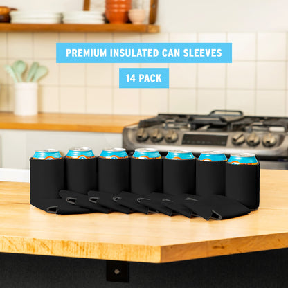 Blank Beer Can Coolers Sleeves (14-Pack) Soft Insulated Beer Can Cooler Sleeves - HTV Friendly Plain Black Can Sleeves for Soda, Beer & Water Bottles - Blanks for Vinyl Projects Wedding Favors & Gifts