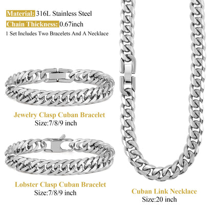 Aoody 3PCS Cuban Link Bracelet Necklace, Sturdy 316L Stainless Steel Cuban Link Chain for Men Jewelry Set 8mm, 7inches