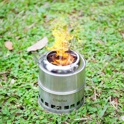 Camping Stove, Ohuhu Camp Stove Wood Burning Stove Stainless Steel Stoves Mini Portable Stove for Camping Picnic BBQ Backpacking Hiking Survival Emergency Cooking Outdoor with Grill Grid Carry Bag
