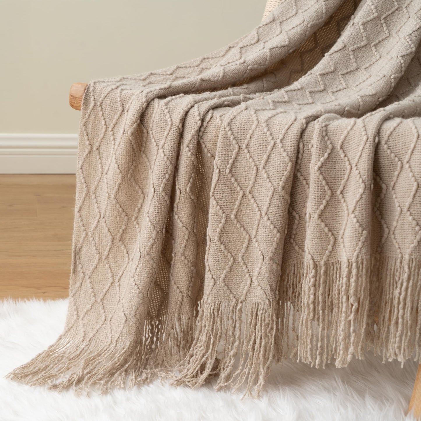 BATTILO HOME Khaki Throw Blankets for Couch, Taupe Lightweight Decorative Blankets and Throws, Boho Warm Knit Blanket for Men and Women, 50"x60"