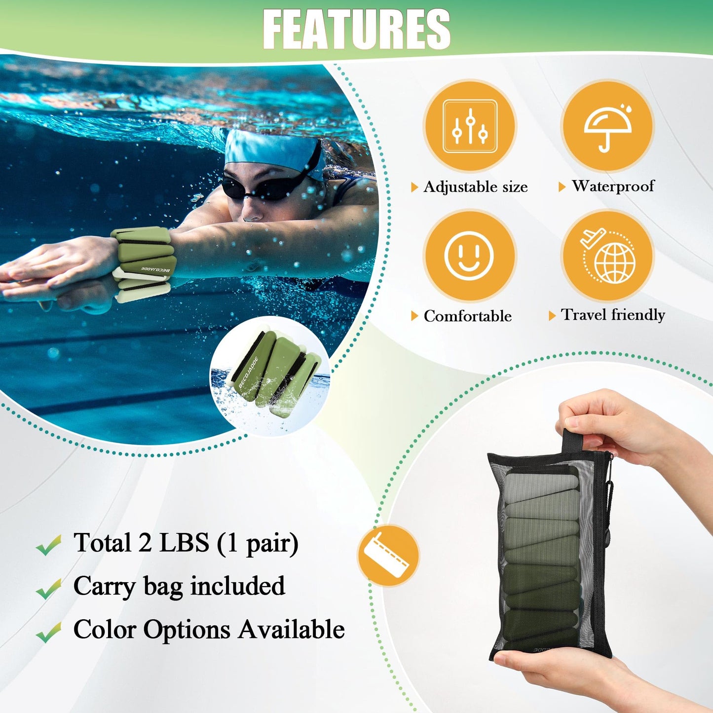 BECOJADDE Wrist Weights for Women At Home 1Lb Ankle Weights Set of 2 Adjustable Weighted Wristbands Arm Leg Weights for Women Men Suitable for Walking Swimming Running Pilates Yoga Gym, Green