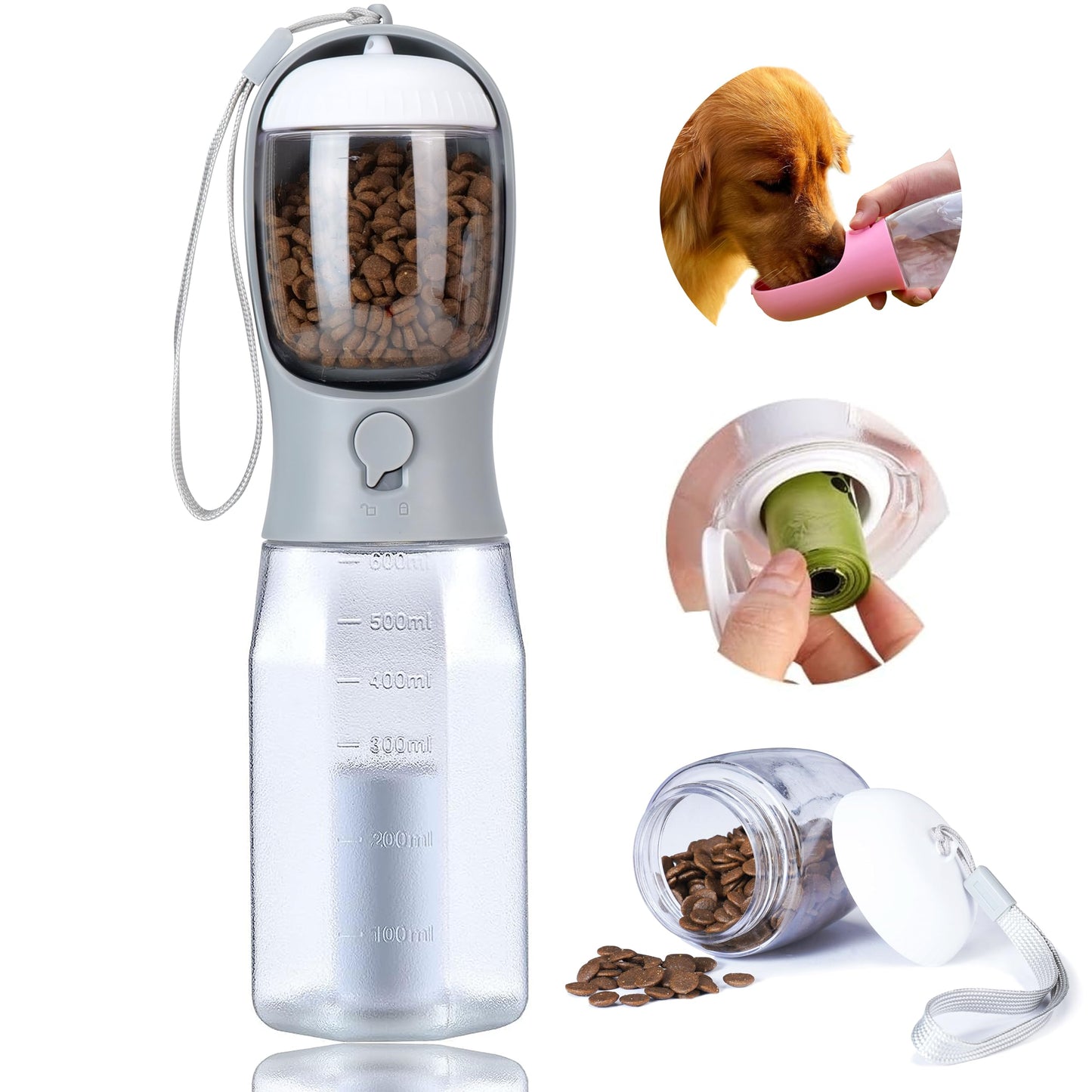AVELORA Dog Water Bottle with Food Container, Portable Pet Dog Water Dispenser for Outdoor Walking,Hiking,Travel,Puppy Essentials,Puppy Supplies,Replaceable Waste Bags