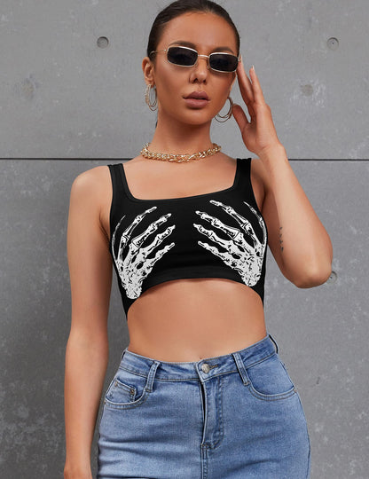 Women's Sexy Skeleton Skull Hand Print Sleeveless Funny Halloween Crop Tank Top Shirts,Medium,Black Hand